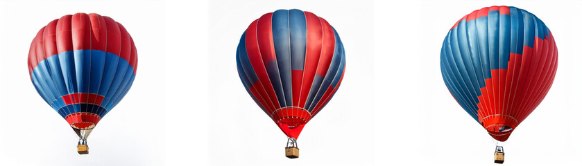 Naklejka premium Three hot air balloons, one red and blue, one blue and red, and one mostly blue, are isolated on a white background.