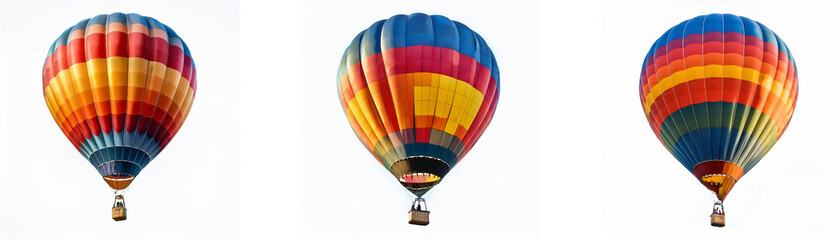 Fototapeta premium Three colorful hot air balloons are arranged in a row against a white background.