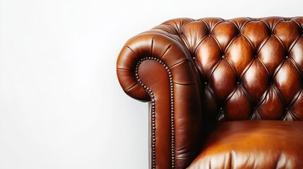 brown leather chesterfield sofa sits elegantly isolated against a white background, showcasing its classic design and luxurious texture for a sophisticated look
