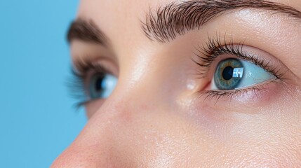 Fototapeta premium Close-up of a woman's eye with long eyelashes and bright blue iris.