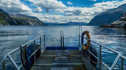 Obraz premium A tranquil diving platform in a remote fjord, Diving equipment on a secluded diving platform, Fjord sanctuary style