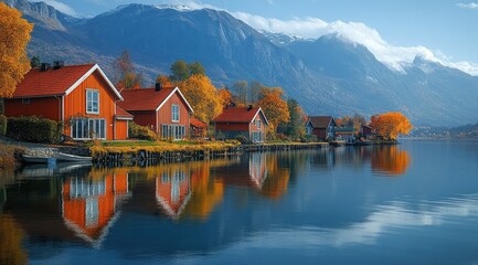 Fototapeta premium Row of red houses with autumn foliage reflecting in a still lake with mountains in the background.