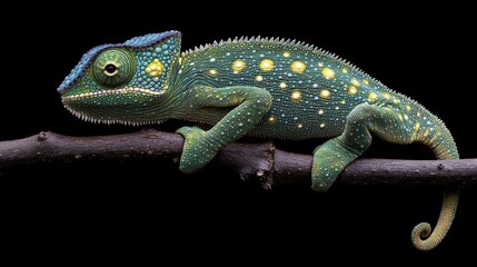Fototapeta premium A vibrant green chameleon with yellow spots perched on a branch, isolated against a black background.