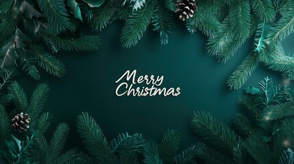 Merry Christmas written in sleek silver font on a dark green background, surrounded by minimalist pine tree designs.