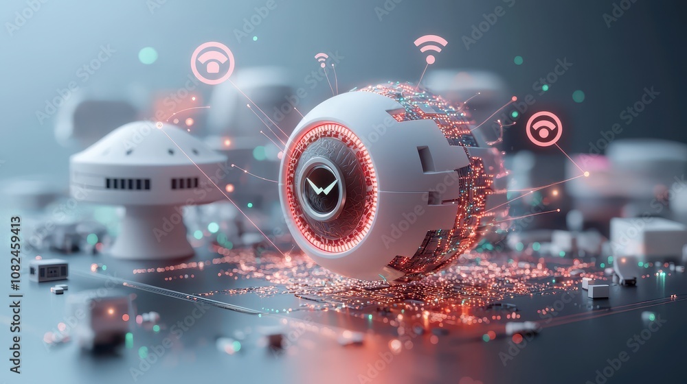 Poster futuristic smart technology concept featuring a high-tech sphere with data visualization elements, d
