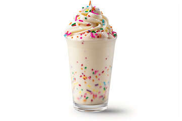 Creamy vanilla milkshake in tall glass topped with whipped cream and rainbow sprinkles.
