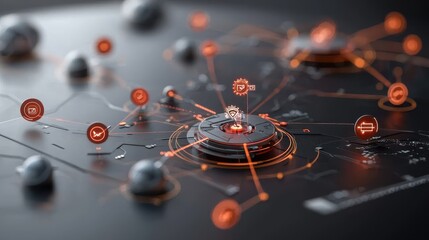 Digital network visualization with interconnected nodes representing data flow, security, and technology in a futuristic design suitable for various applications