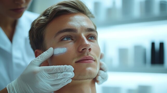 Man receiving facial tightening treatment in a modern clinic during an afternoon session