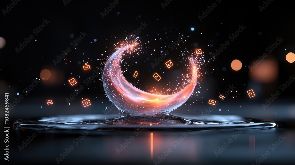 Aufkleber abstract liquid splash with glowing particles and floating icons representing digital communication 
