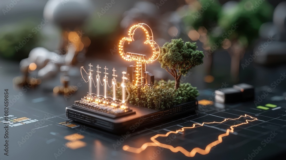 Poster conceptual representation of sustainable energy with smart technology and digital growth, featuring 