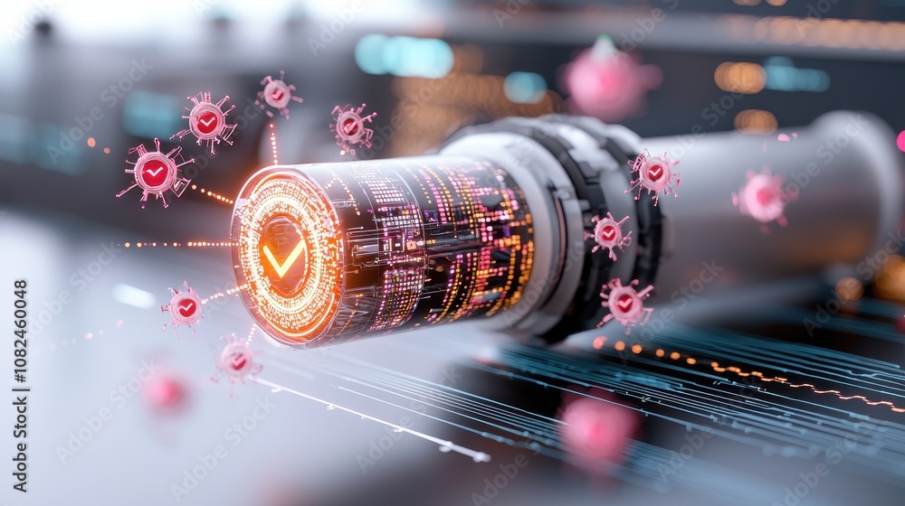 Poster digital technology concept featuring microchip with virus detection and checkmarks illustrating cybe