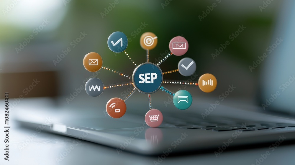 Poster digital marketing strategy concept with various communication icons surrounding a central node repre
