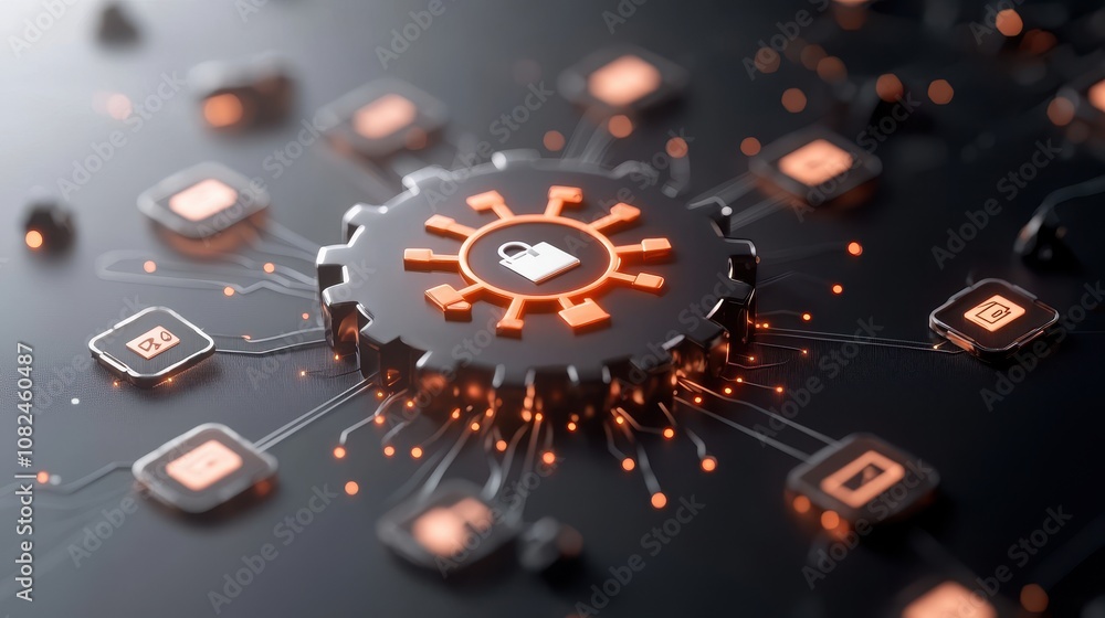 Poster futuristic technology concept with gears and lock symbol representing cybersecurity and data protect