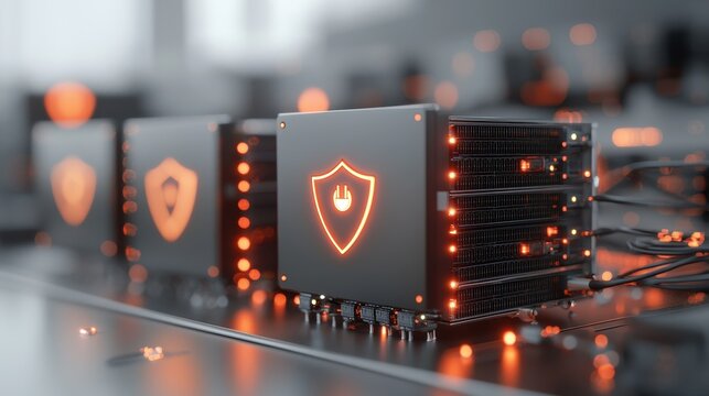 Modern Data Center with Secure Server Racks Featuring Shield Emblems and Bright Orange Lights for Cybersecurity and Technology Concepts