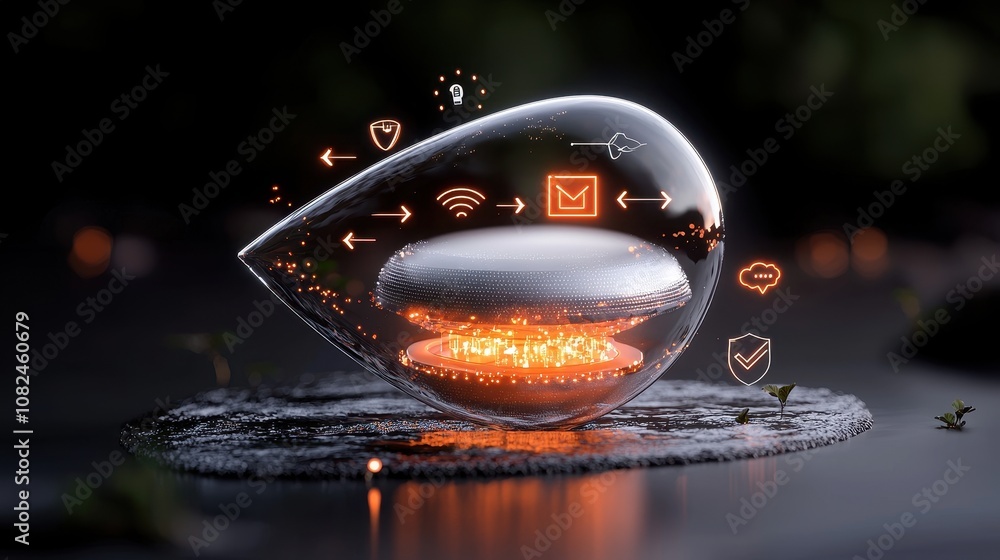 Poster futuristic transparent drop-shaped object with digital icons symbolizing connectivity, communication