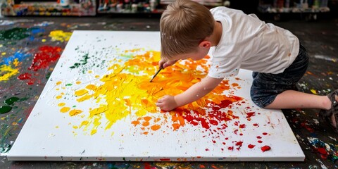 A young child engaged in a vibrant painting session, exploring colors and creativity on a large canvas.