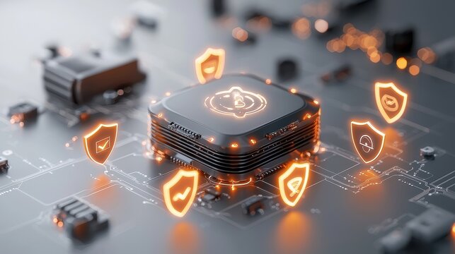 Modern Microprocessor Design with Digital Security Shields and Circuit Board Background Representing Data Protection and Cybersecurity Technology Concepts
