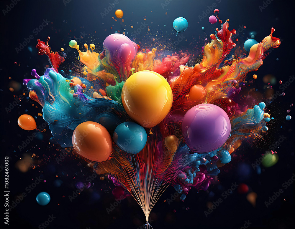 Poster a cluster of colorful balloons explode into a vibrant spray of paint, leaving streaks of color in th