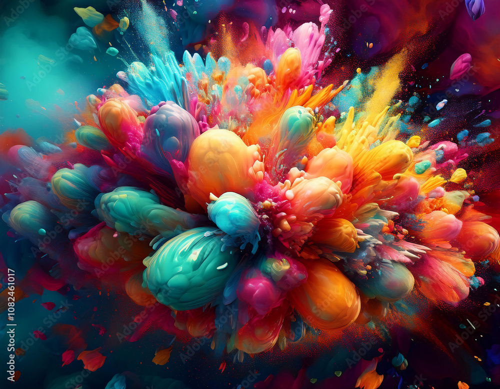Poster A vibrant explosion of colorful paint splatters and droplets in a dynamic composition.