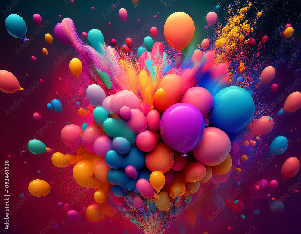 Poster a cluster of brightly colored balloons burst into a shower of paint and confetti, creating a vibrant