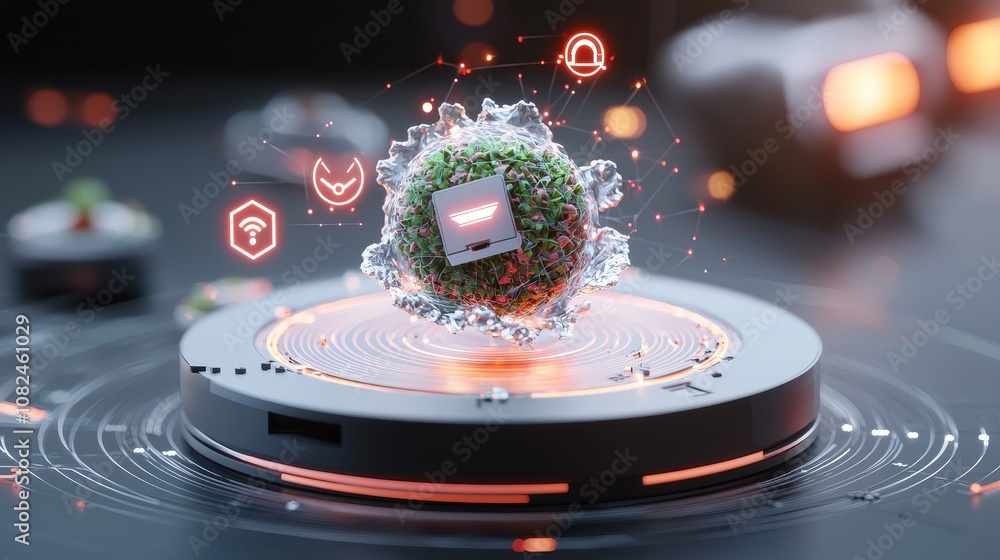Poster innovative digital representation of a virus surrounded by protection icons, visualizing technology 
