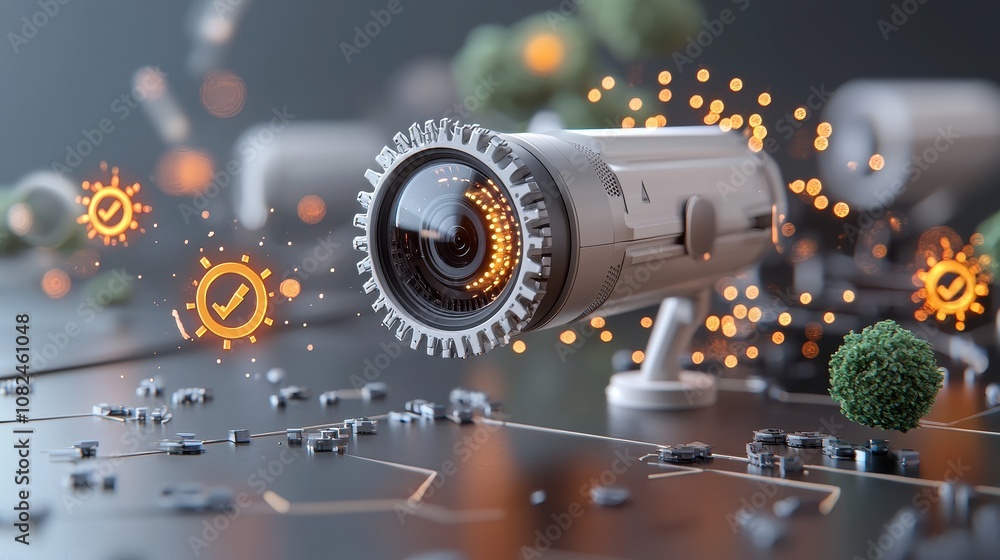 Aufkleber high-tech surveillance camera with digital elements and symbolic icons of security and monitoring in