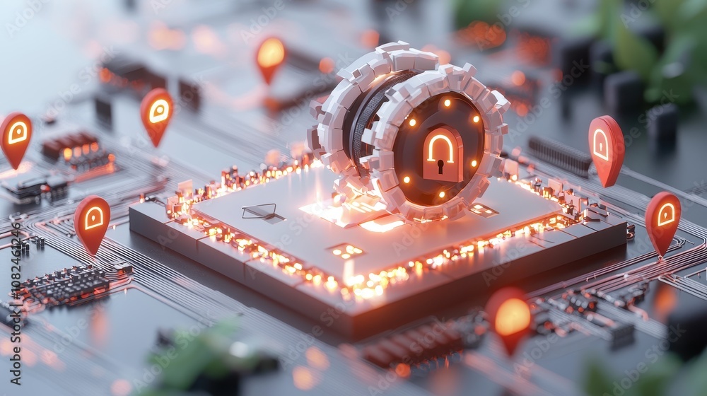 Poster futuristic secure data protection concept with lock symbol surrounded by digital circuitry and red l