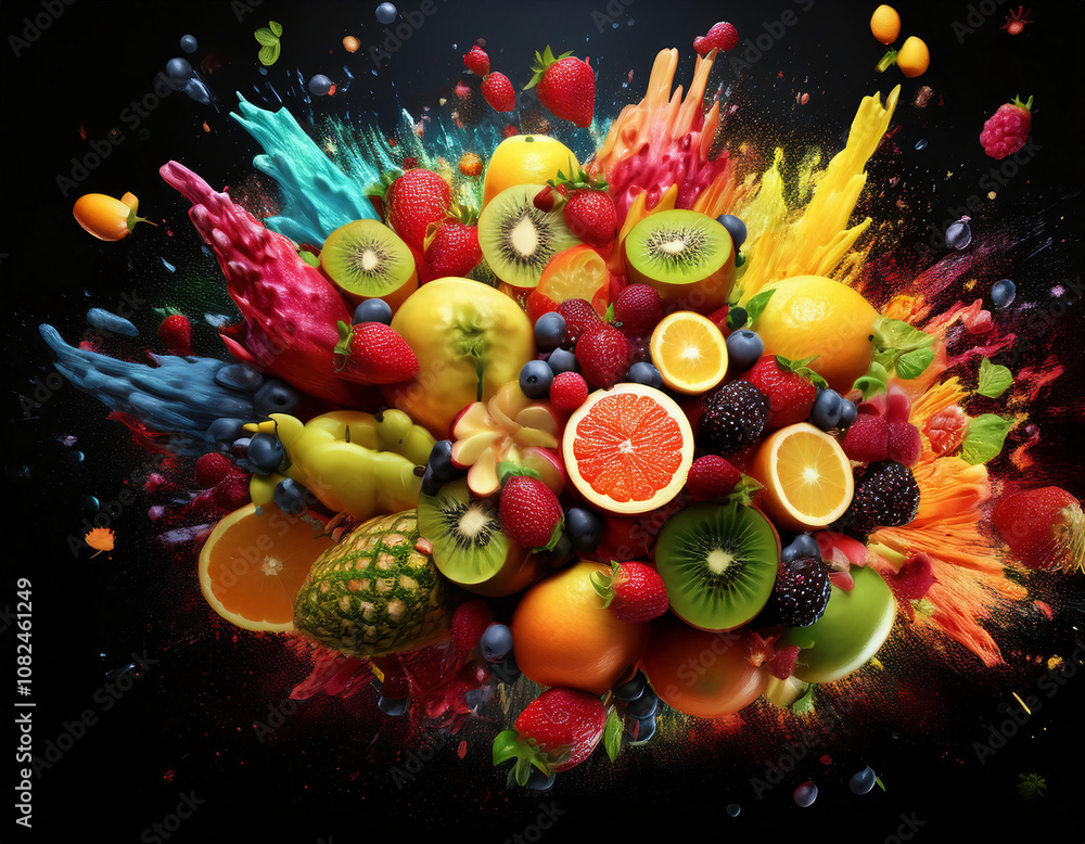 Poster a vibrant explosion of colorful paint and fresh fruit creates a dynamic composition.