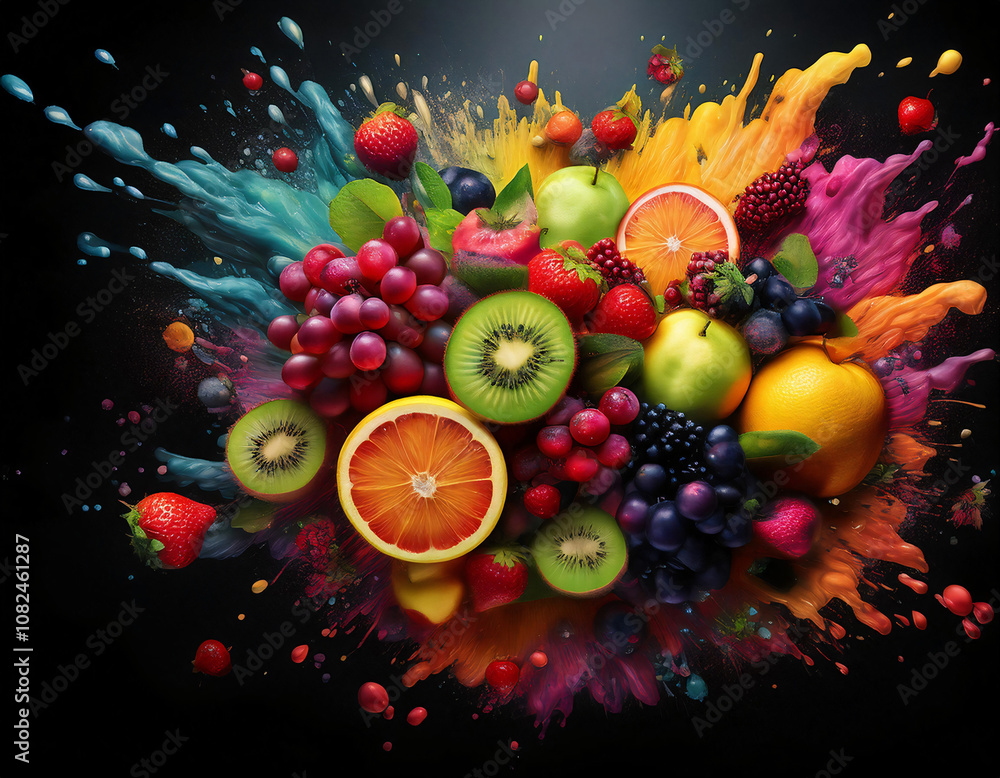 Poster a vibrant burst of color and fresh fruit explodes against a dark background.