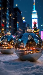 Glistening Holiday Ornaments Reflect Vibrant Cityscape in Snowy Street