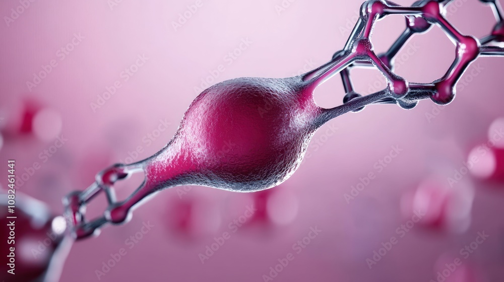 Poster close-up of a neuron with a molecular structure in a pink background.