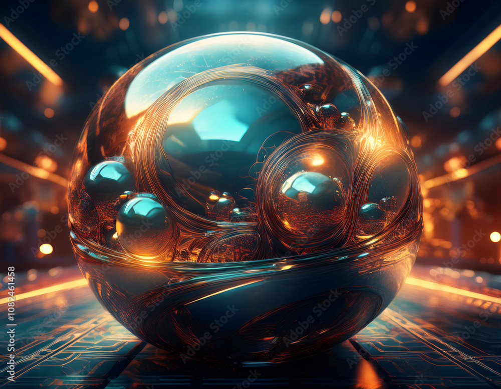 Poster a large, metallic sphere sits on a platform, surrounded by smaller spheres and glowing lights.
