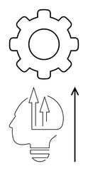 Gear human head arrows convey innovation progress mechanics technology development efficiency. Ideal for business, strategy, creativity, growth, problem-solving, engineering, leadership. Line