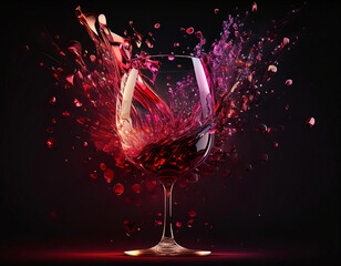 A glass of red wine explodes in a dramatic burst of color and liquid.