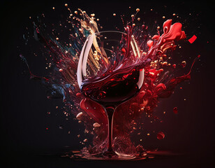 A glass of red wine explodes in a burst of colorful liquid, creating a dynamic and abstract scene against a dark background.