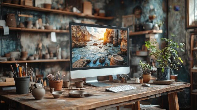 Rustic pottery studio setup with computer monitor and clay tools. Generative AI