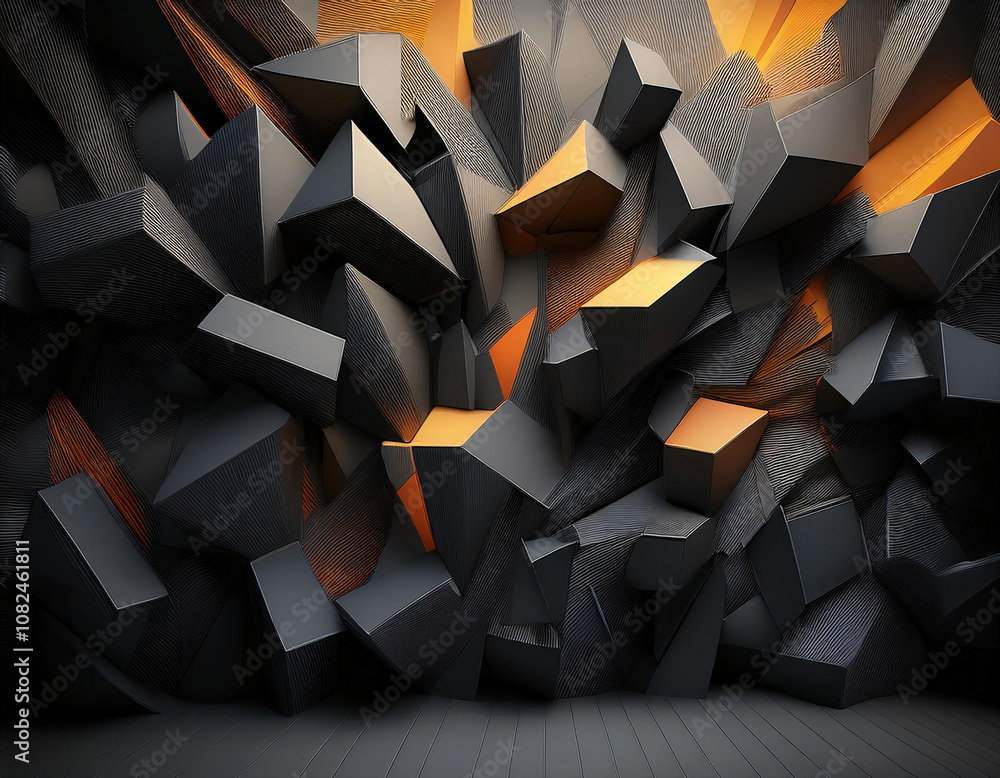 Poster a dark room with a wall made of sharp, angular geometric shapes. some of the shapes are illuminated 