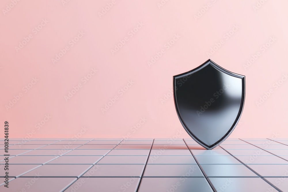 Poster quantum computing of cryptography concept. a sleek black shield stands prominently on a tiled floor 