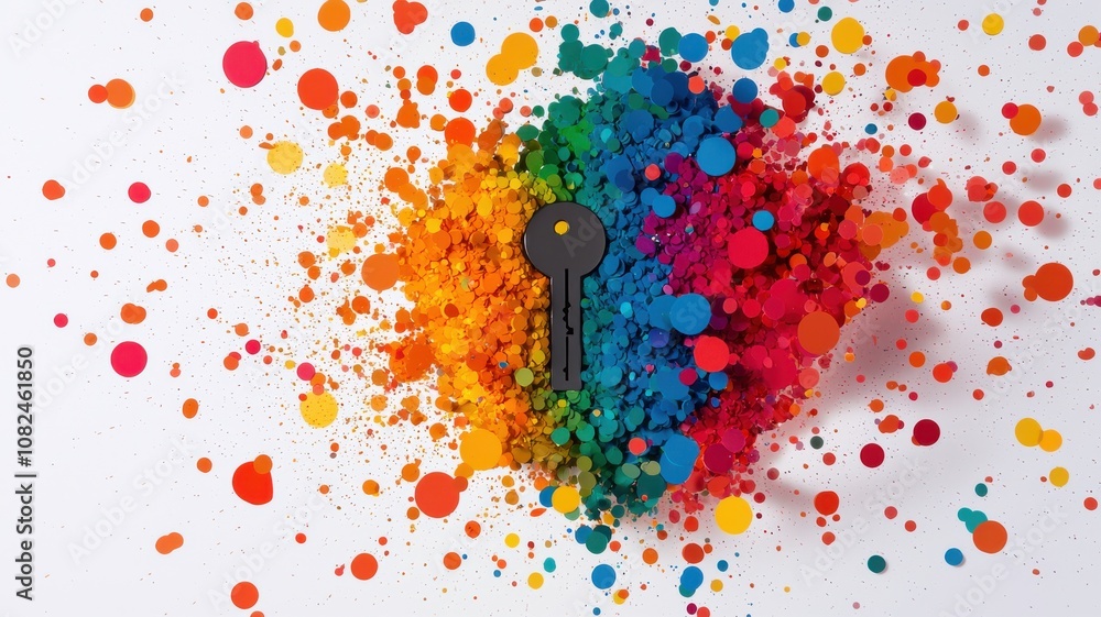 Aufkleber quantum computing of cryptography concept. a colorful key surrounded by vibrant, splattered powder p