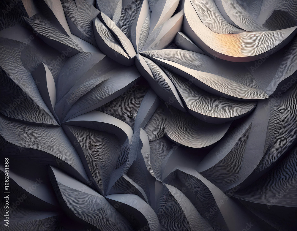Poster Abstract 3D relief carving with gray and white tones, featuring an intricate pattern of overlapping curved shapes.