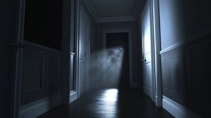 A dimly lit hallway with shadows and a beam of light creating a mysterious atmosphere.