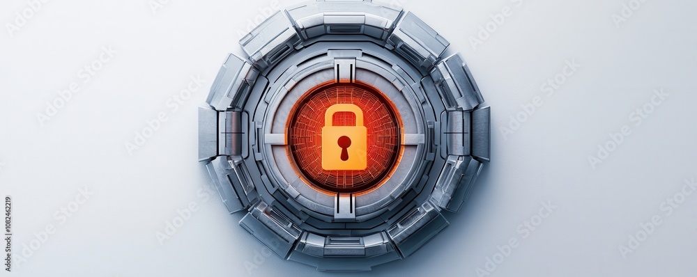 Poster quantum computing of cryptography concept. a futuristic lock design with a bright orange padlock sym