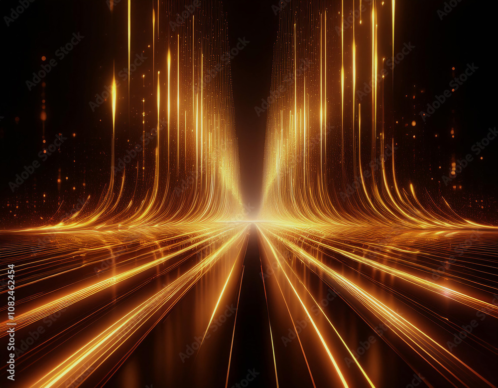 Poster abstract futuristic background with glowing gold lines in perspective.