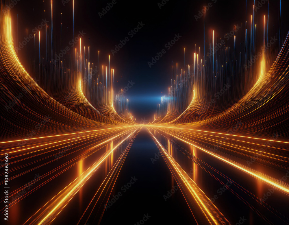 Poster a dark, futuristic landscape with a glowing, reflective road. the road is lined by vertical beams of