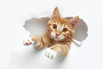 cat broke through white paper