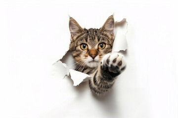 cat broke through white paper