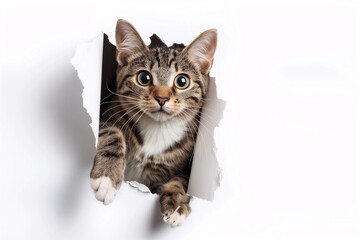 cat broke through white paper