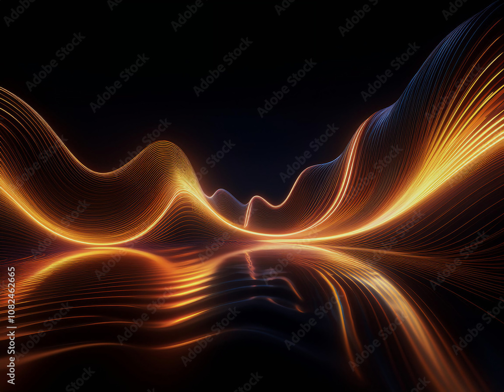 Poster abstract digital landscape with glowing lines, reflected on a mirrored surface.