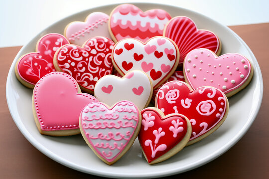 A plate of decorated heart shaped biscuits or cookies for valentines day