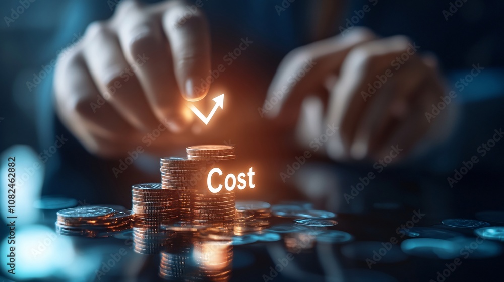 Poster cost reduction concept with rising graph and coins